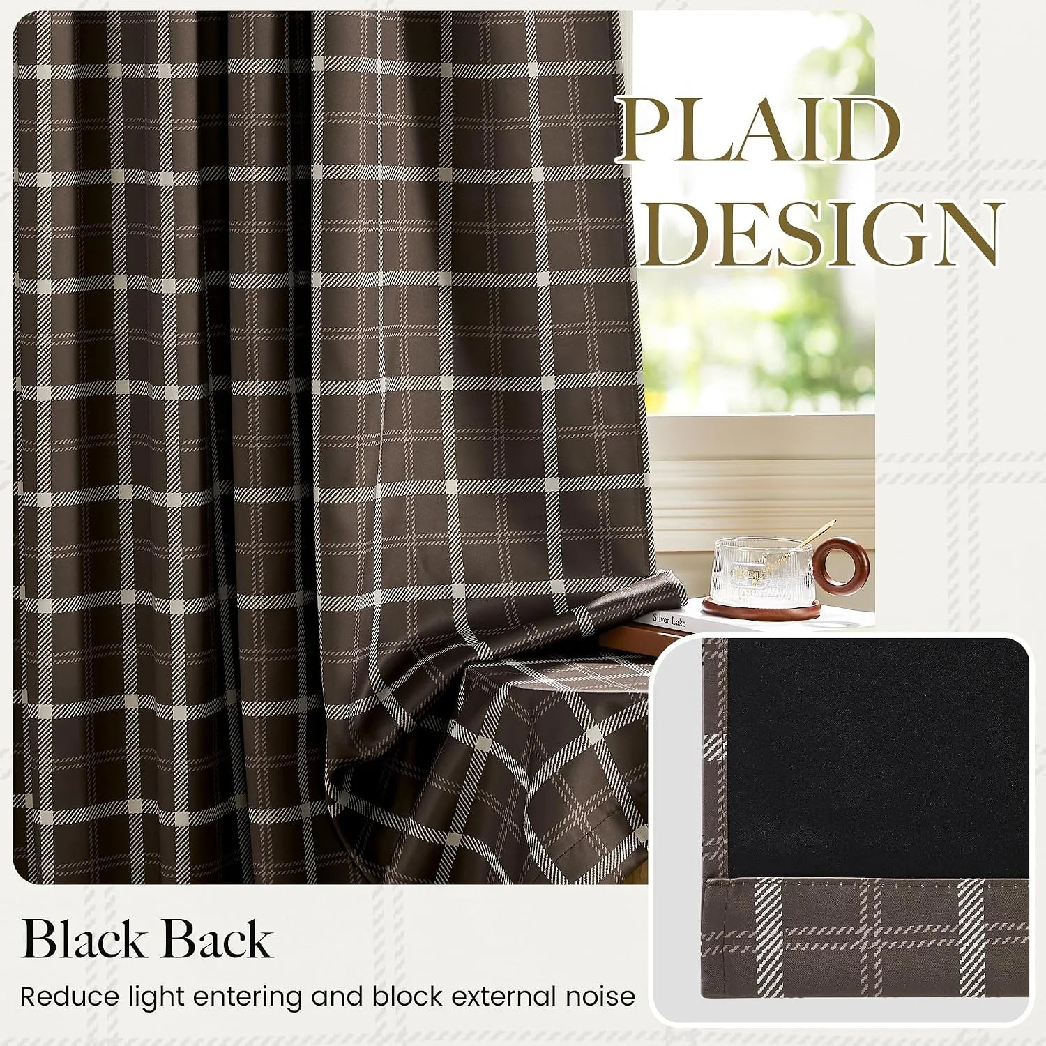 Brown plaid blackout curtain panel with black backing beside a bright window