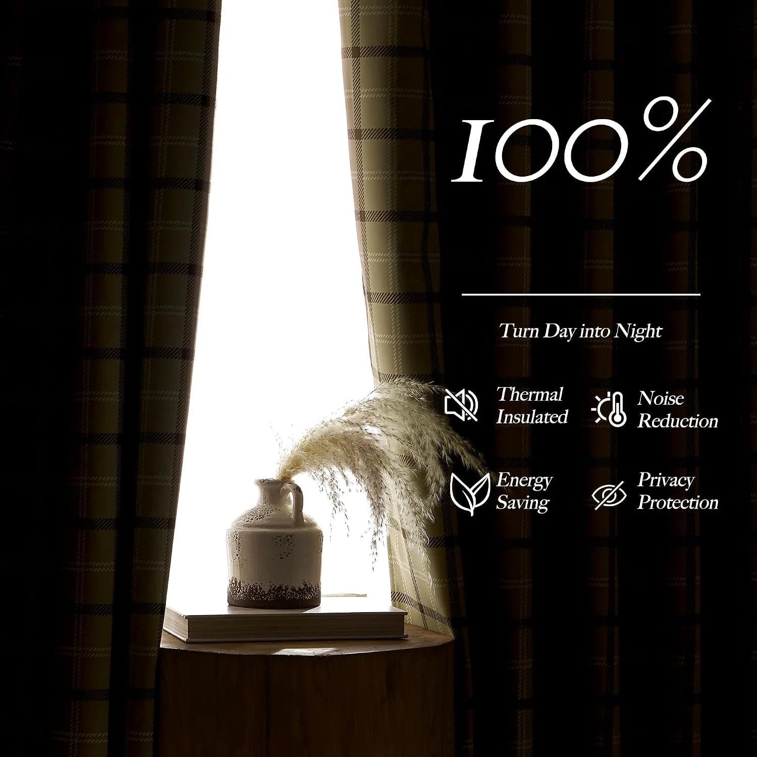 Brown plaid blackout curtains framing a bright window with vase on wooden side table