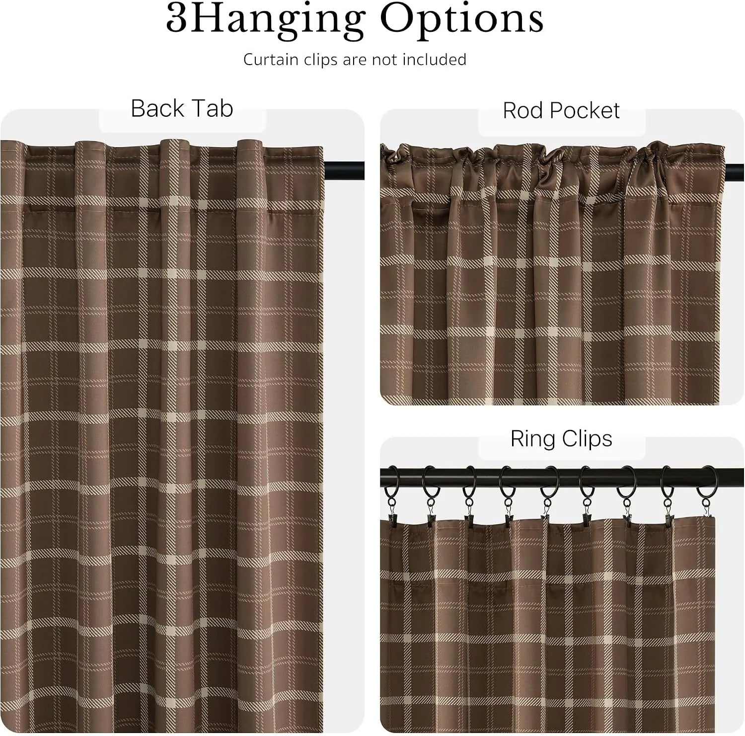 Brown plaid curtain panel showing back tab, rod pocket, and ring clip hanging styles