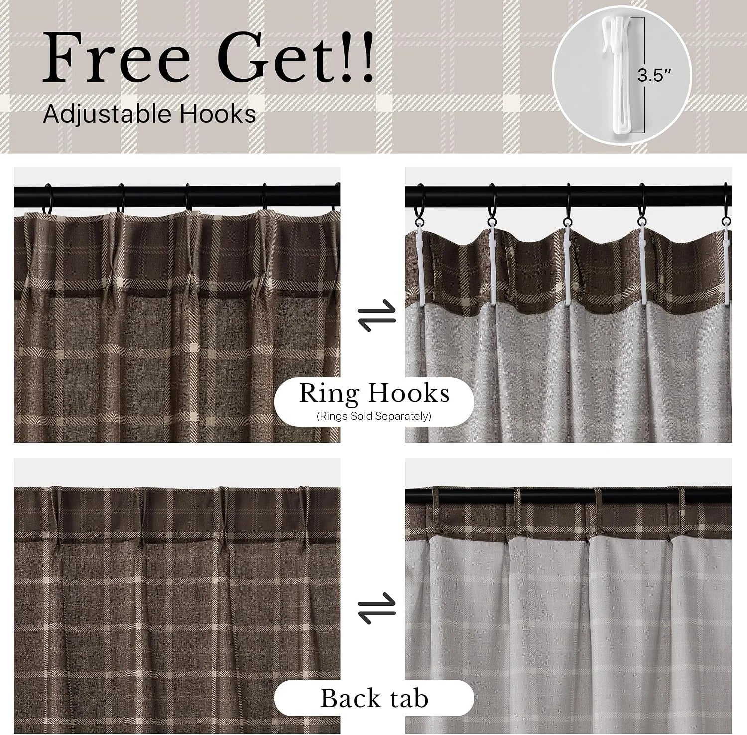Brown plaid curtain panel showing ring hook and back tab hanging options