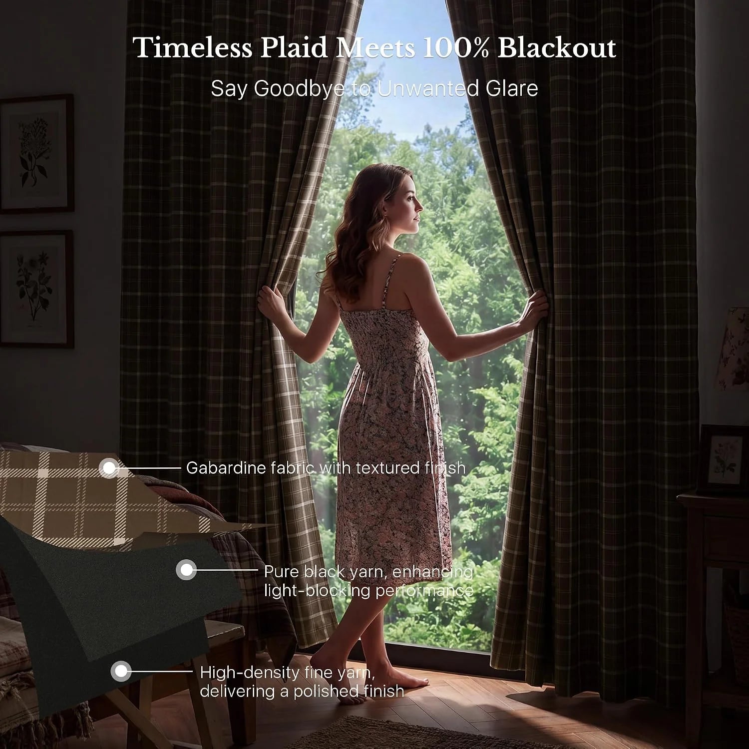 Woman opening brown plaid blackout curtains in a cozy bedroom by a tall window