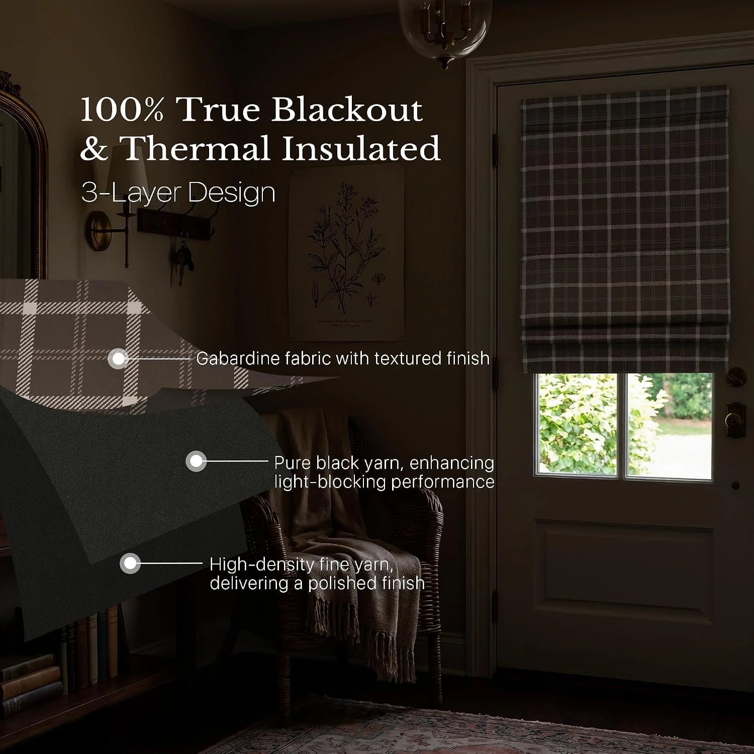 Brown plaid blackout Roman shade on door window with thermal insulated fabric layers
