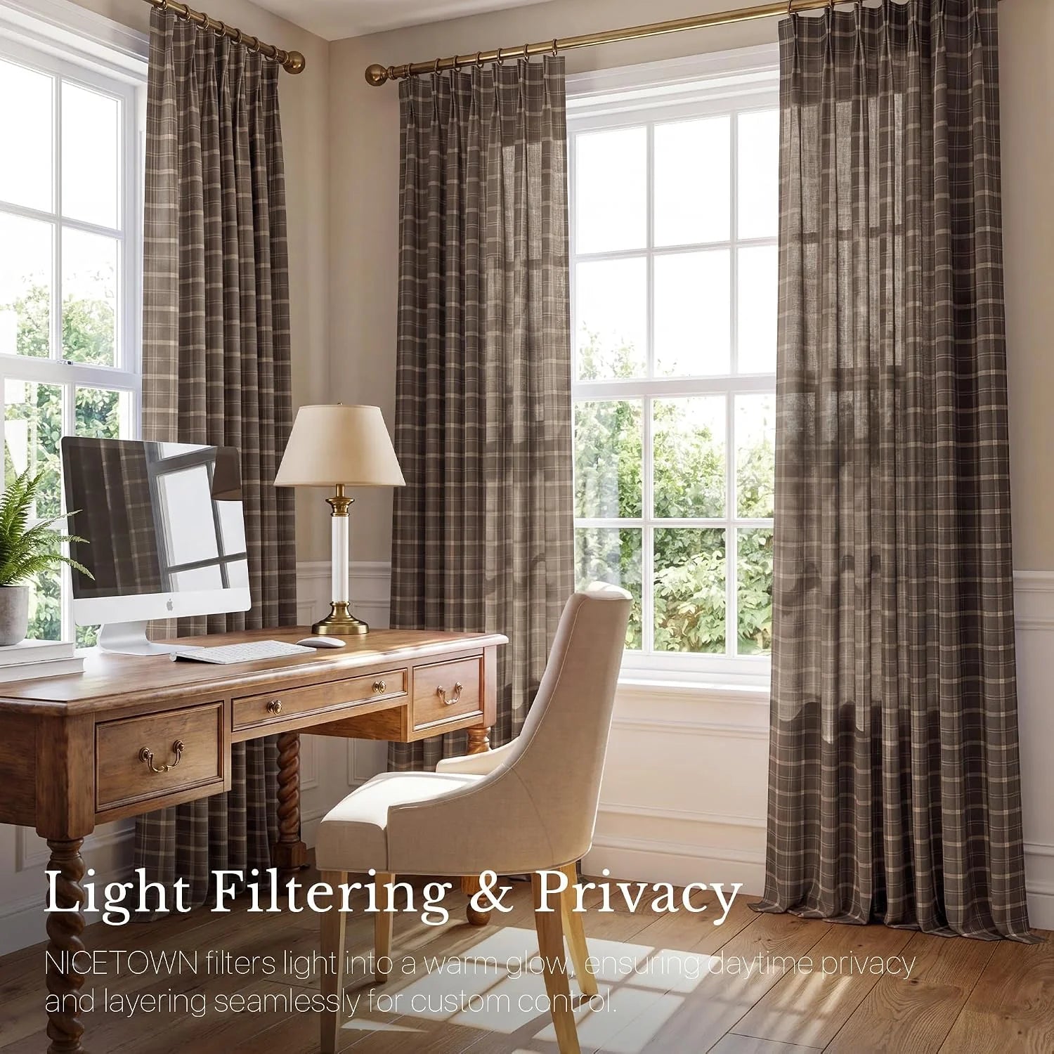 Brown plaid light filtering curtains on brass rod in a warm traditional home office
