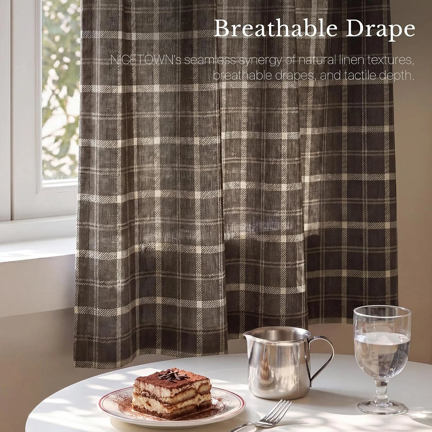 Brown plaid sheer linen curtain hanging by a sunny window above a breakfast table