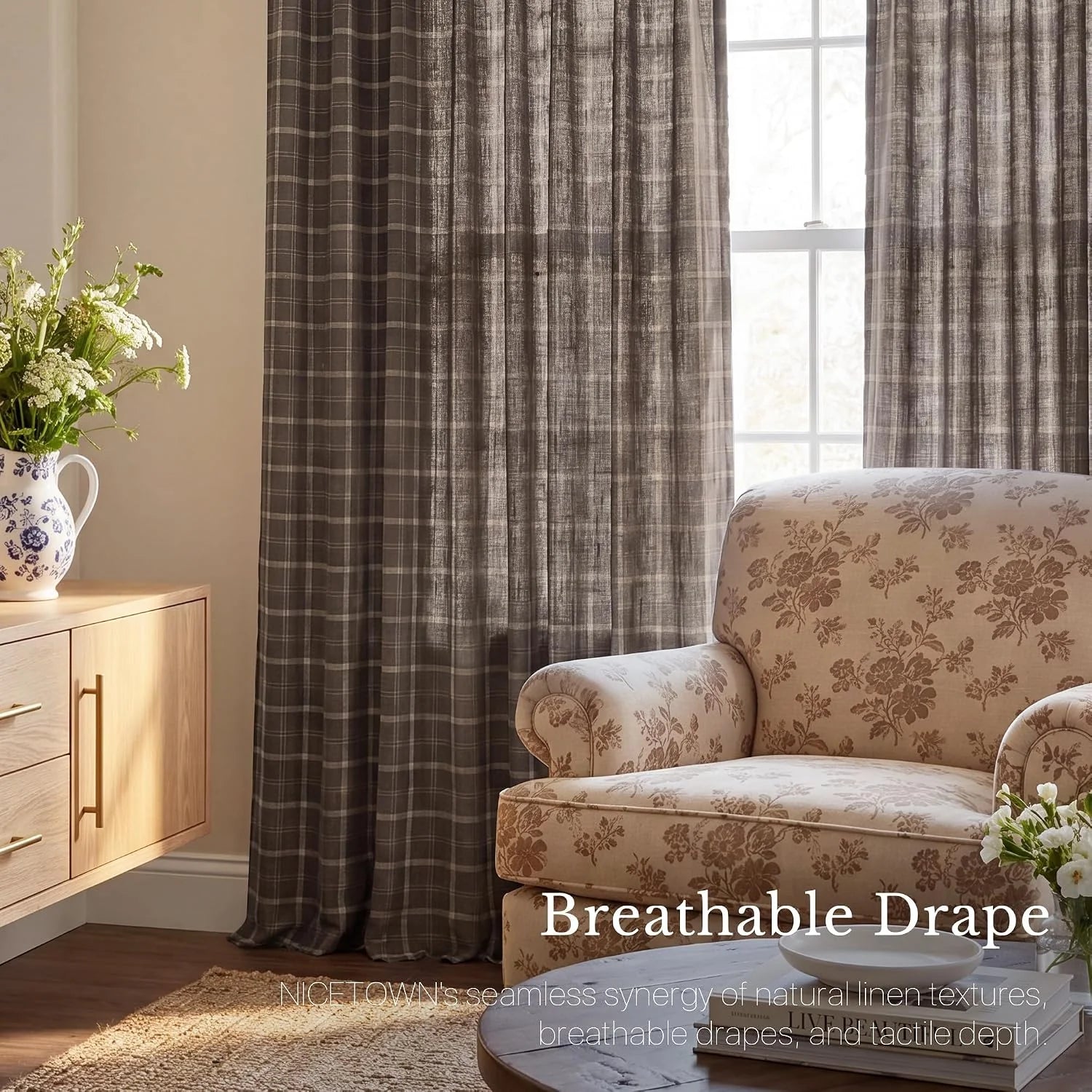 Brown plaid linen sheer curtains filtering light in a cozy traditional living room