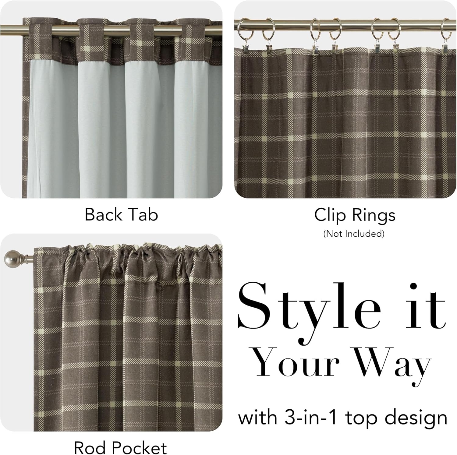 Versatile brown plaid curtain panel featuring 3-in-1 top design, showing multiple hanging options.
