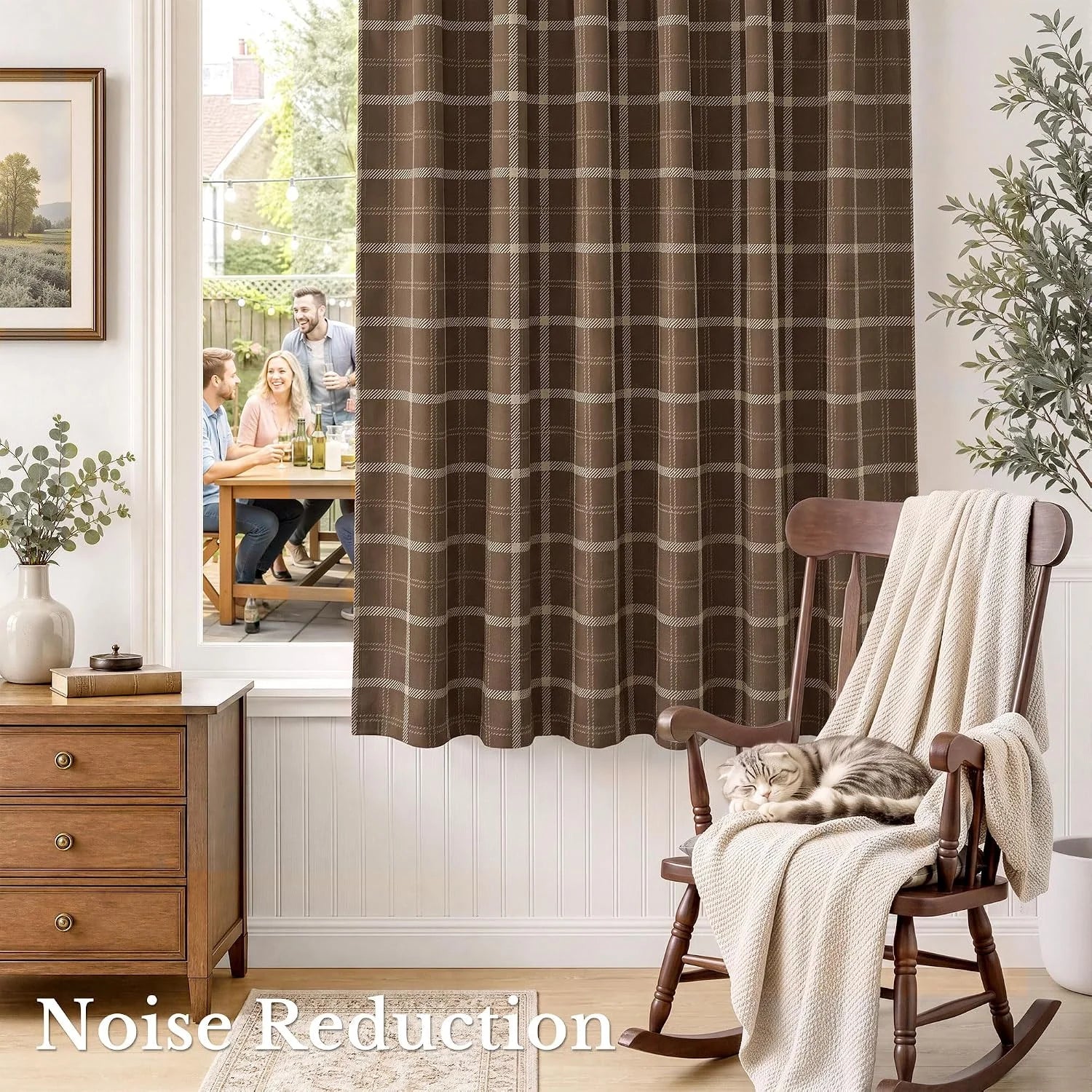 Brown plaid noise-reducing curtain in a cozy living room with rocking chair