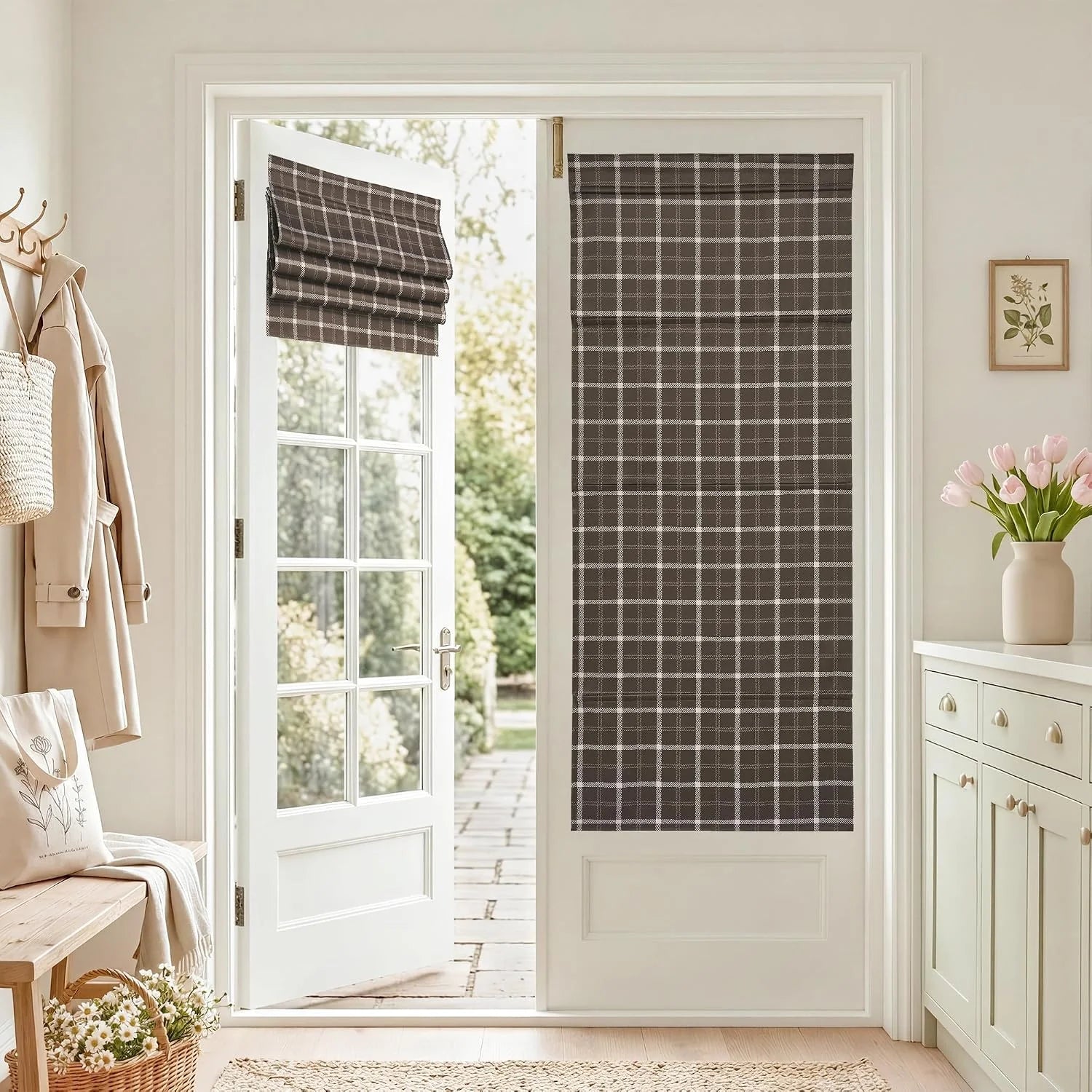 Brown plaid Roman shades on a glass entry door in a bright farmhouse mudroom
