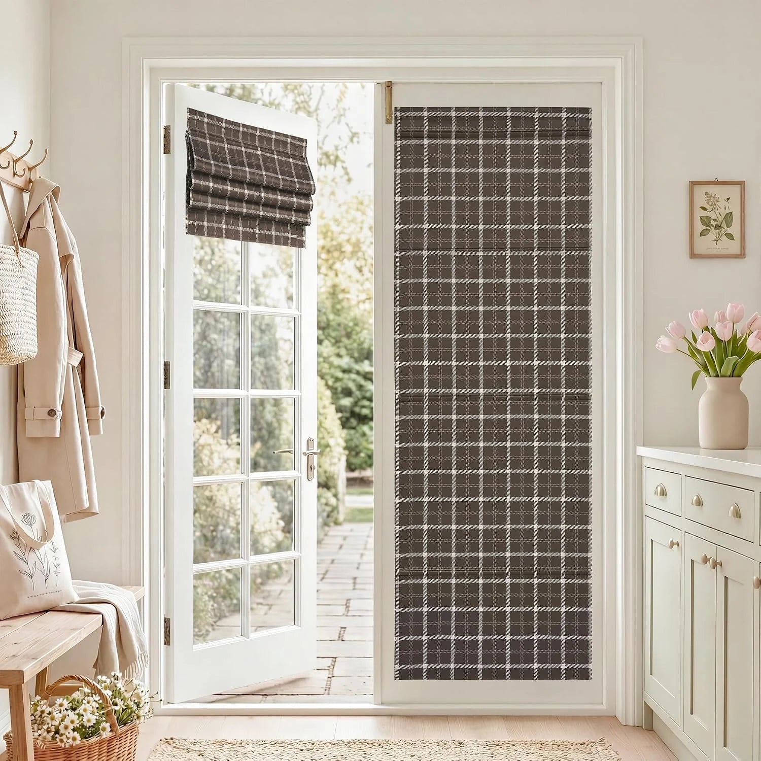 Brown plaid Roman shade and matching door panel in a bright entryway