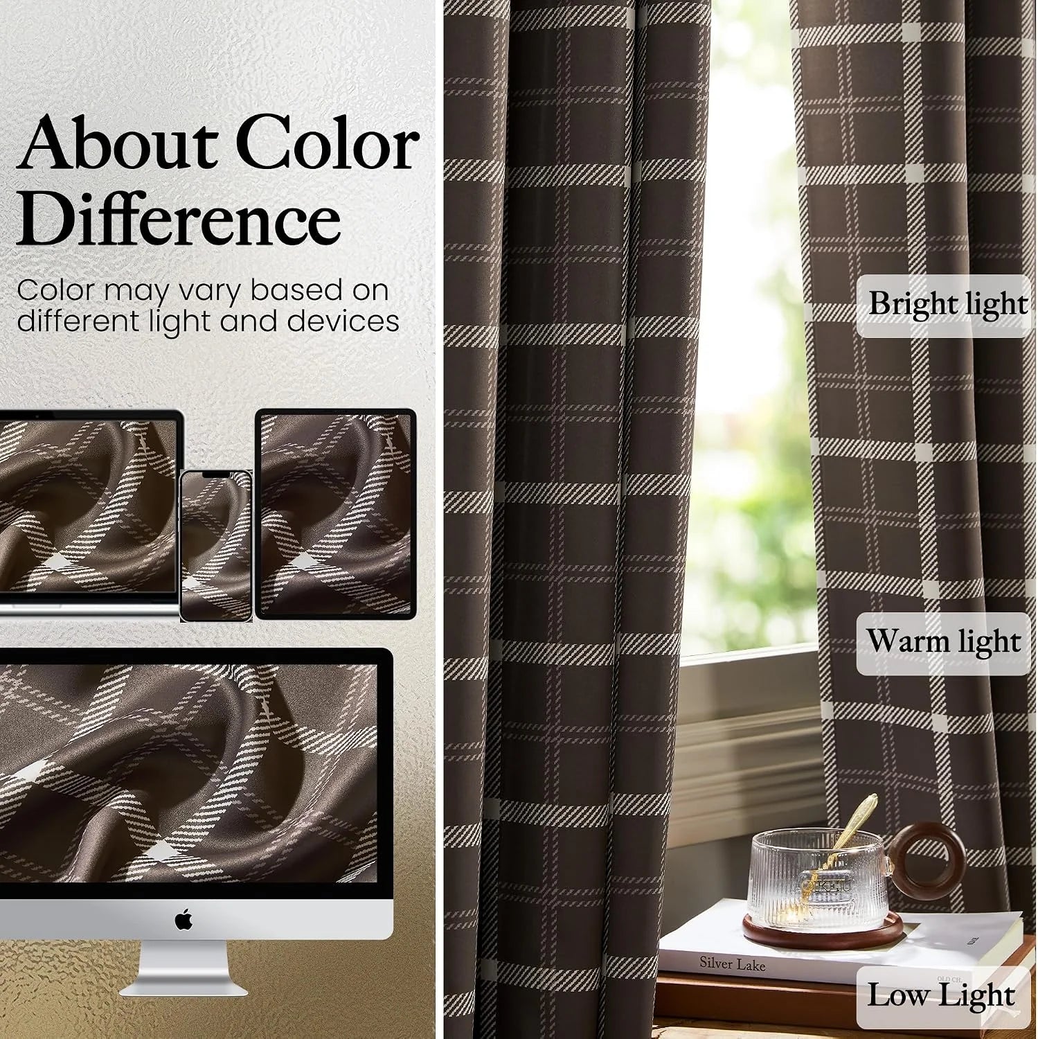 Brown plaid curtain panel by a window, showing color differences under varied lighting
