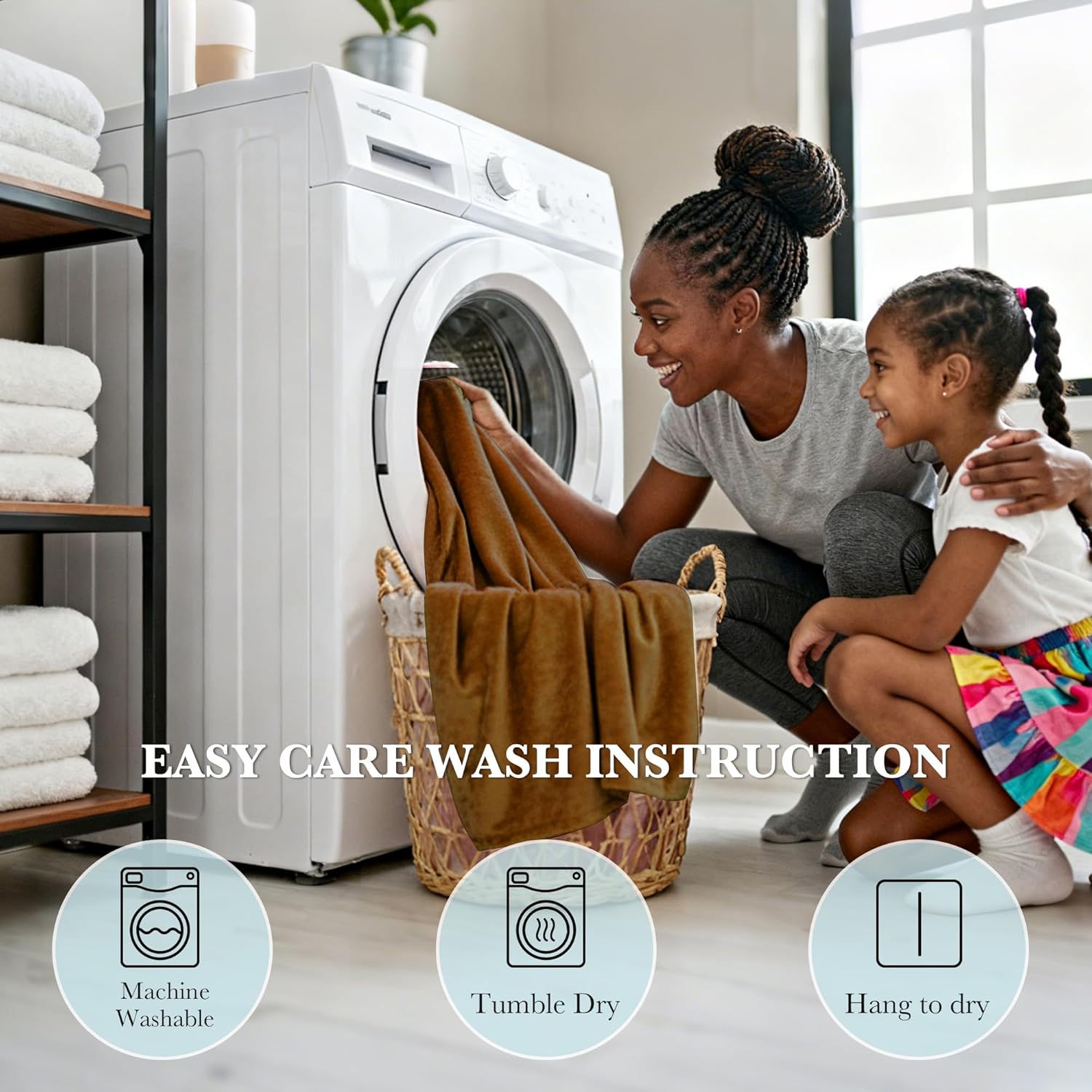 Soft brown blanket being loaded into washing machine, with easy care wash and dry icons.