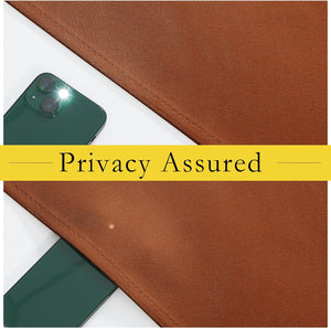 Close-up of a brown textured privacy fabric covering a green smartphone with 'Privacy Assured' text.