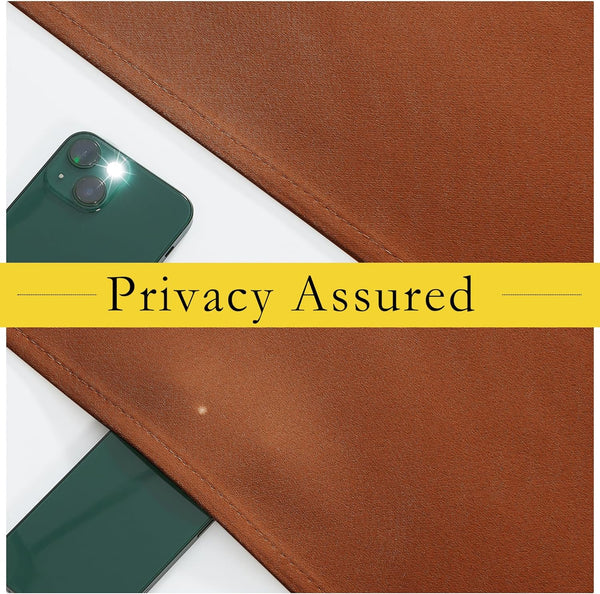 Close-up of a brown textured privacy fabric covering a green smartphone with 'Privacy Assured' text.