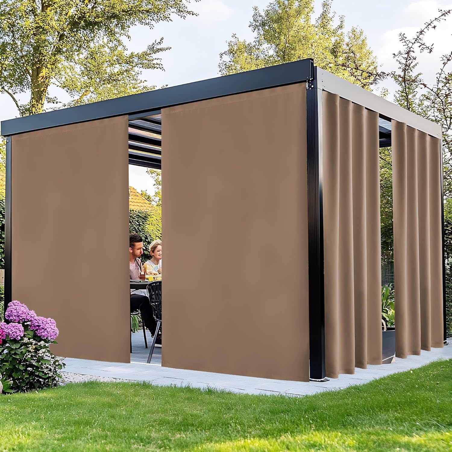 Modern black outdoor pergola with adjustable brown fabric privacy screens, providing shade and seclusion on a patio.