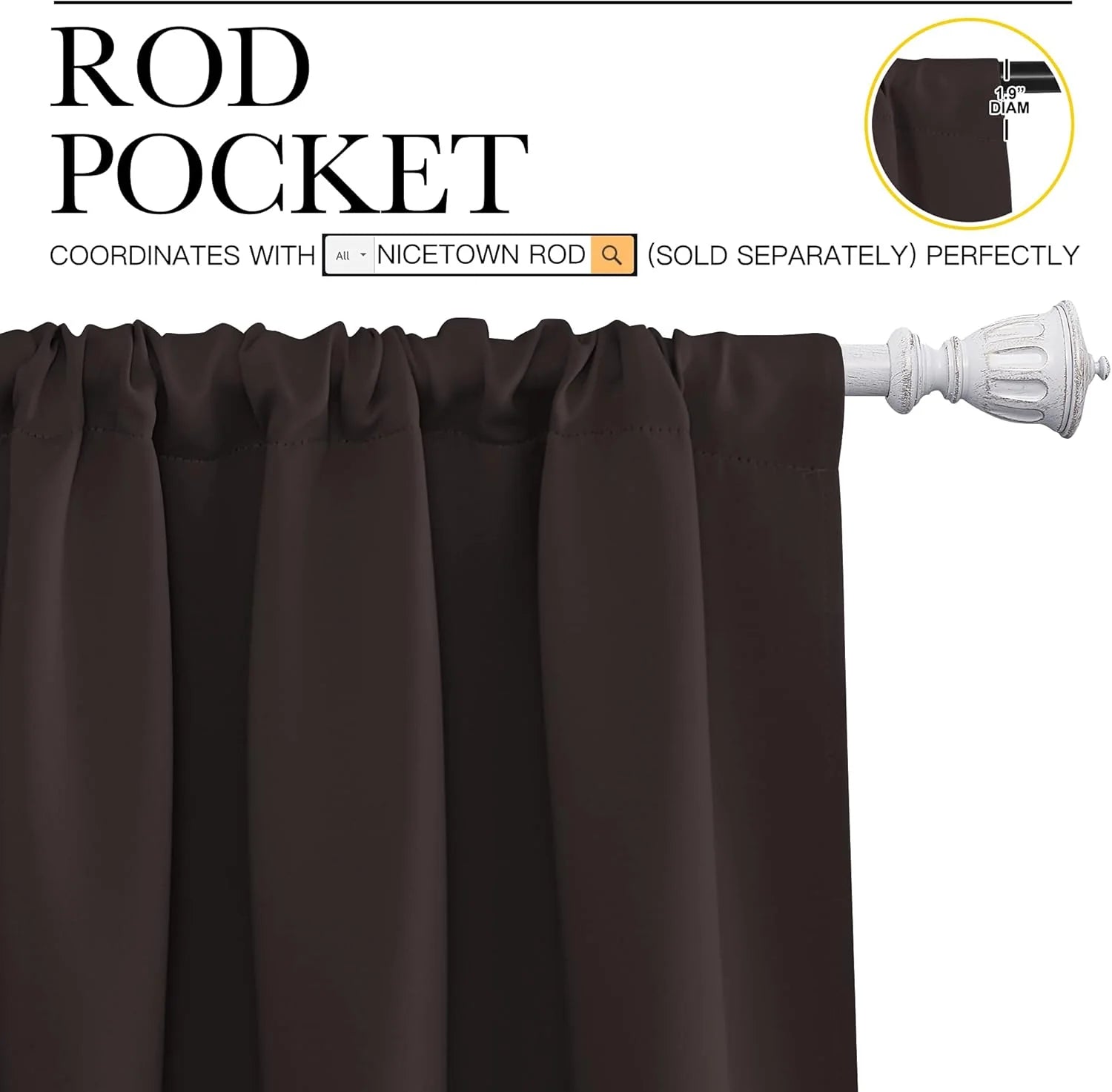 Dark brown rod pocket curtain panel hanging on a white decorative curtain rod