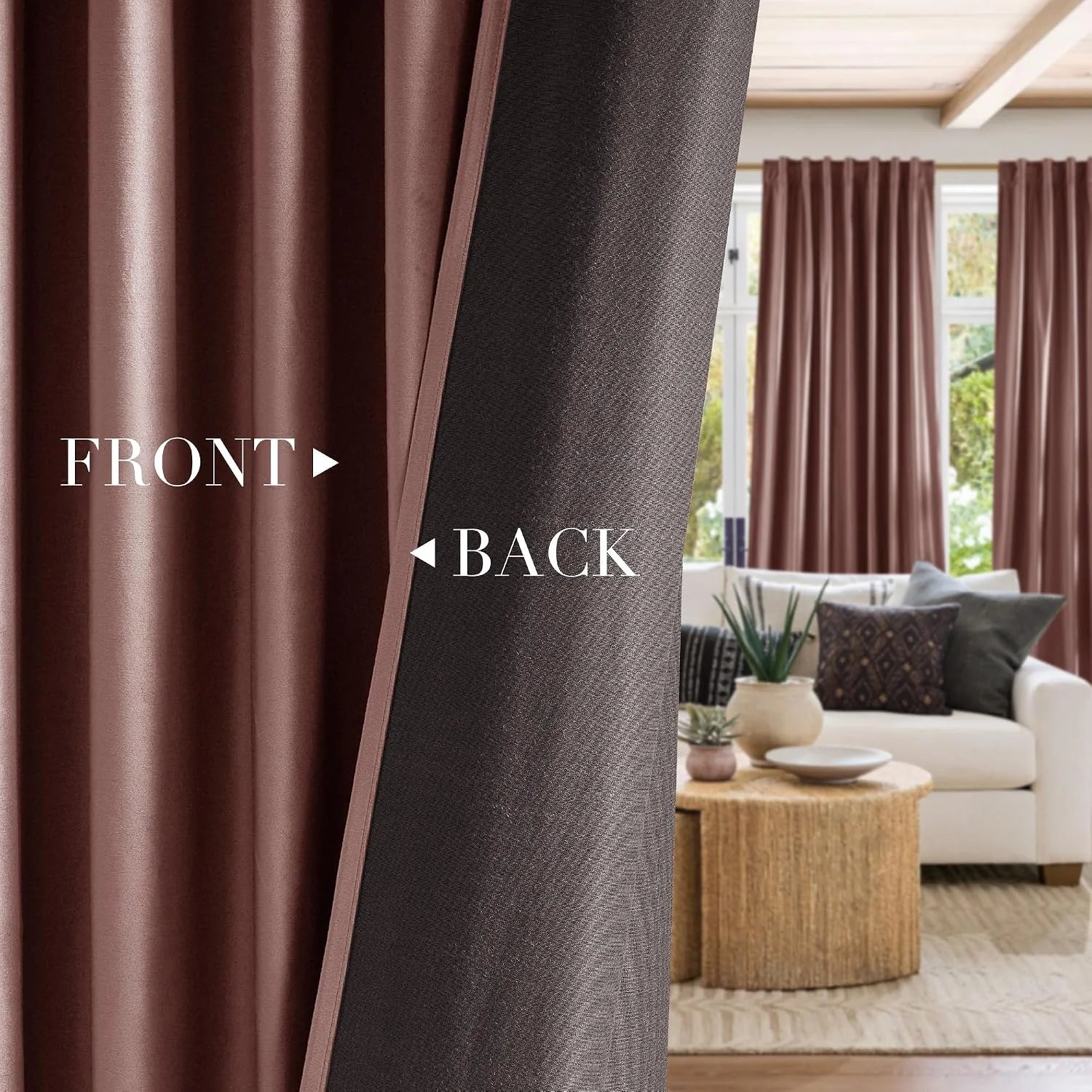Brown satin-look blackout curtain panel showing front and back in a bright living room