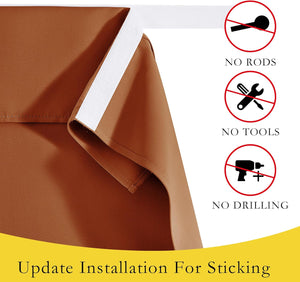 Close-up of a brown curtain with white self-adhesive strip, highlighting easy no-drill installation.