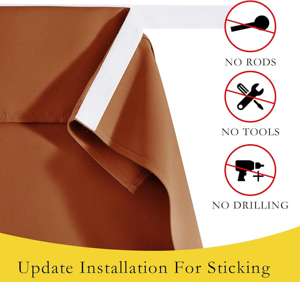 Close-up of a brown curtain with white self-adhesive strip, highlighting easy no-drill installation.