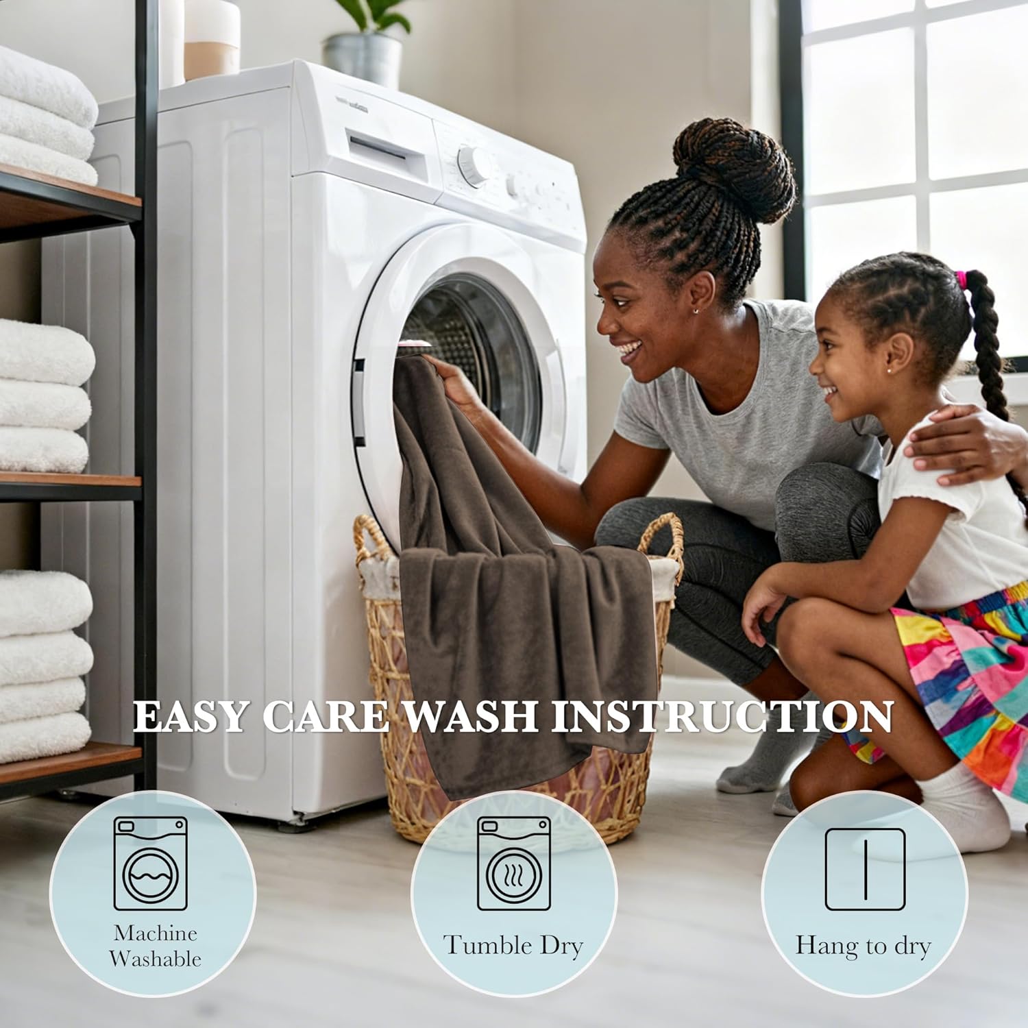 Woman putting soft brown throw blanket in washing machine, highlighting easy care features.