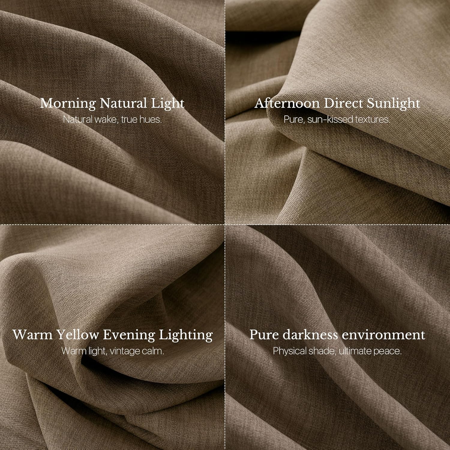 Brown textured blackout curtain fabric with visible weave. Illustrates effective light blocking.