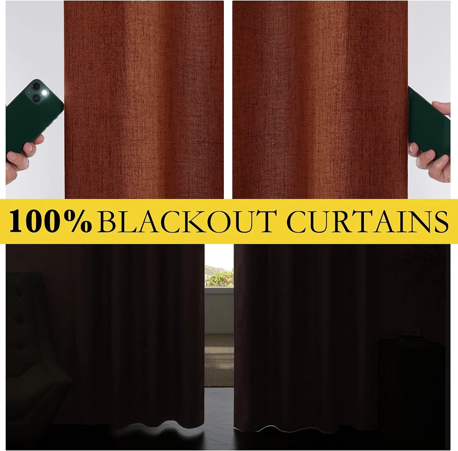 Brown textured blackout curtains shown blocking light in a room window