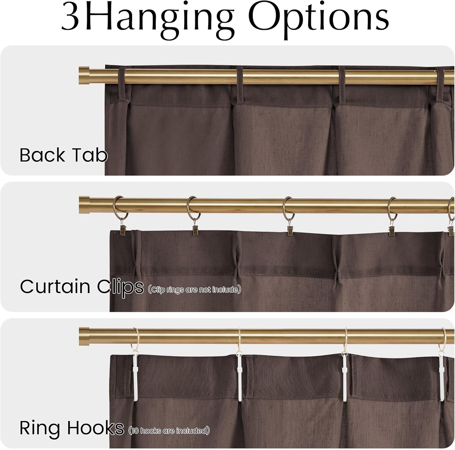 Textured brown curtain demonstrating back tab, clip ring, and ring hook hanging styles on a gold rod.