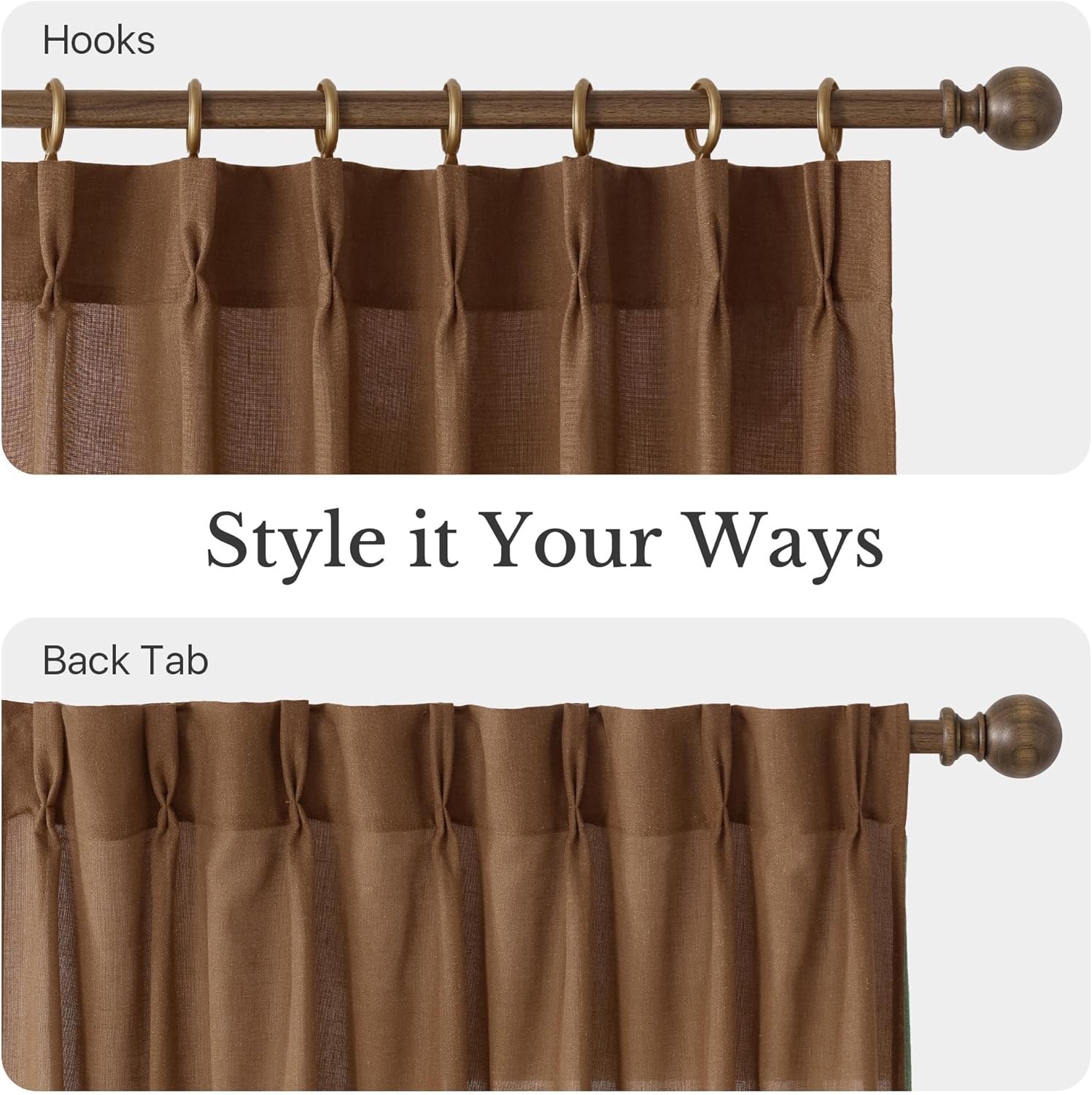 Textured brown curtain panel showing two hanging options: with hooks and using back tabs on a wooden rod.