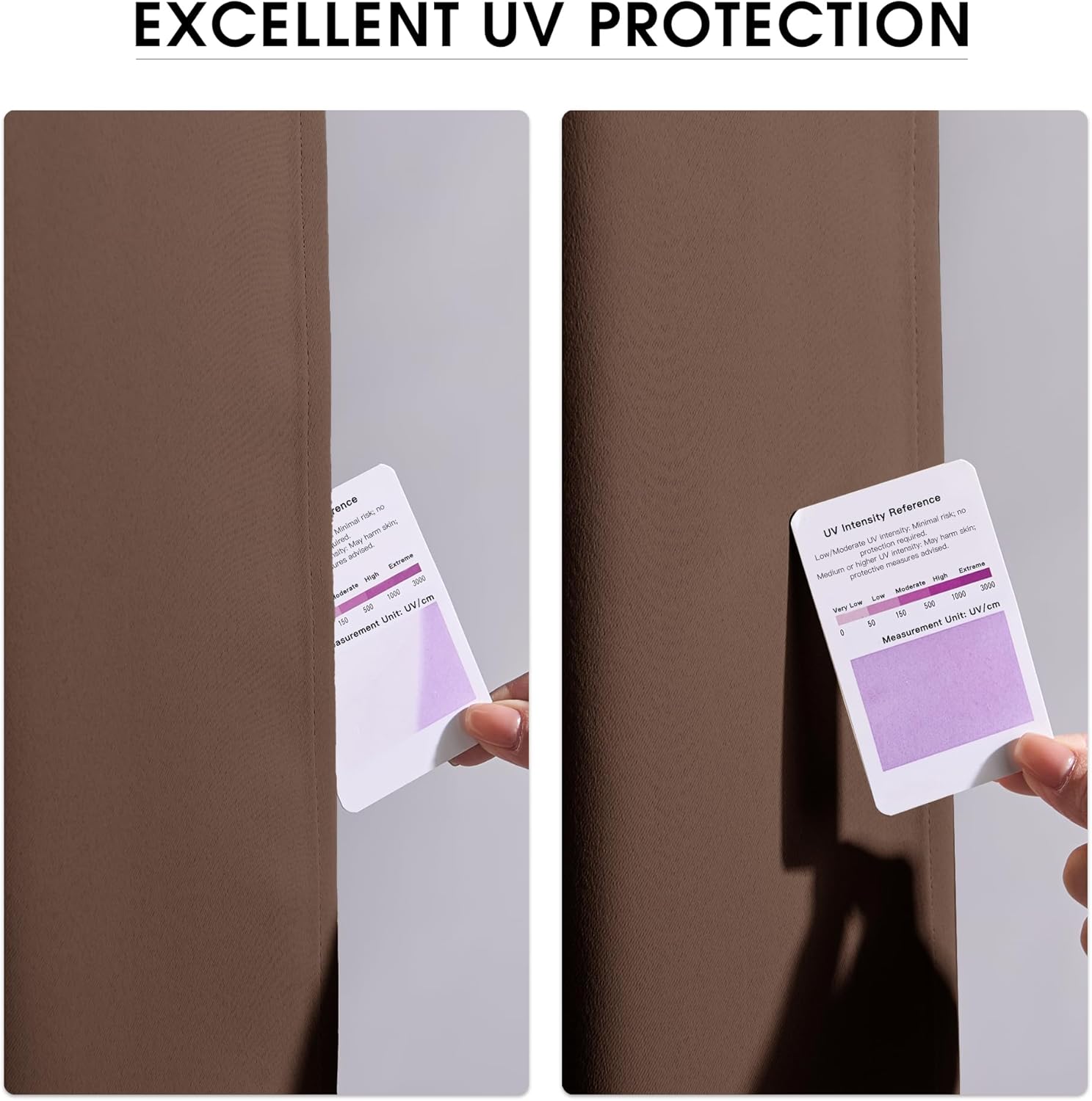 Hand holding UV intensity reference card against brown textured fabric, showcasing excellent UV protection.