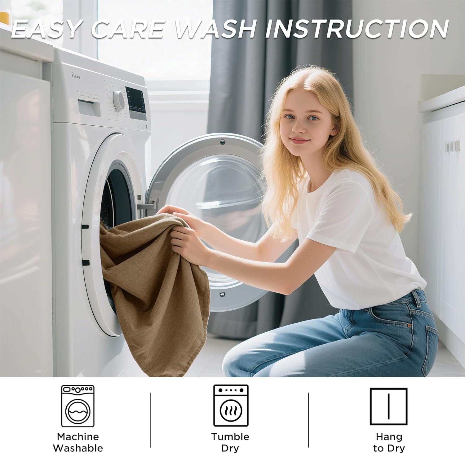 Smiling woman putting a brown textured throw into a washing machine, demonstrating easy care.