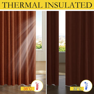 Brown thermal insulated curtains demonstrating heat blocking. Left shows sunlight and 38°C, right 32°C.