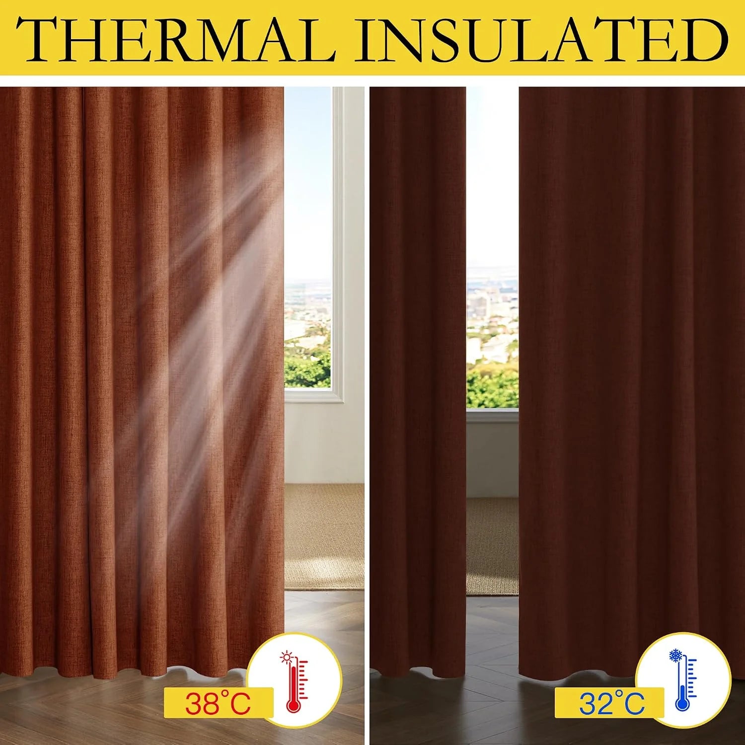 Brown thermal insulated curtains hanging over bright windows with temperature comparison graphic