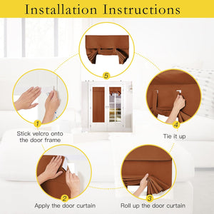 Brown tie-up door curtain installed with velcro. Fabric rolls into pleats, tied on a white door.