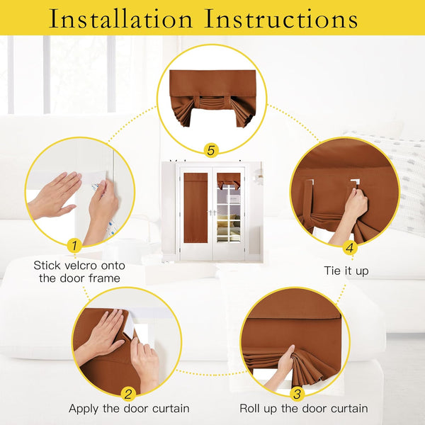 Brown tie-up door curtain installed with velcro. Fabric rolls into pleats, tied on a white door.