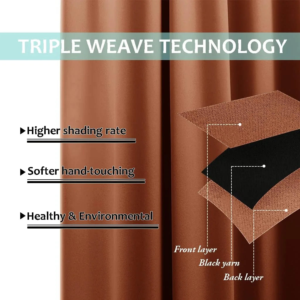 Brown blackout curtain fabric graphic showing triple weave layers and soft texture
