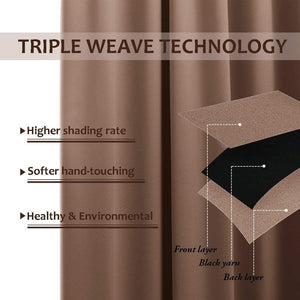 Brown triple weave blackout curtain fabric detail, showing front, black yarn, and back layers.