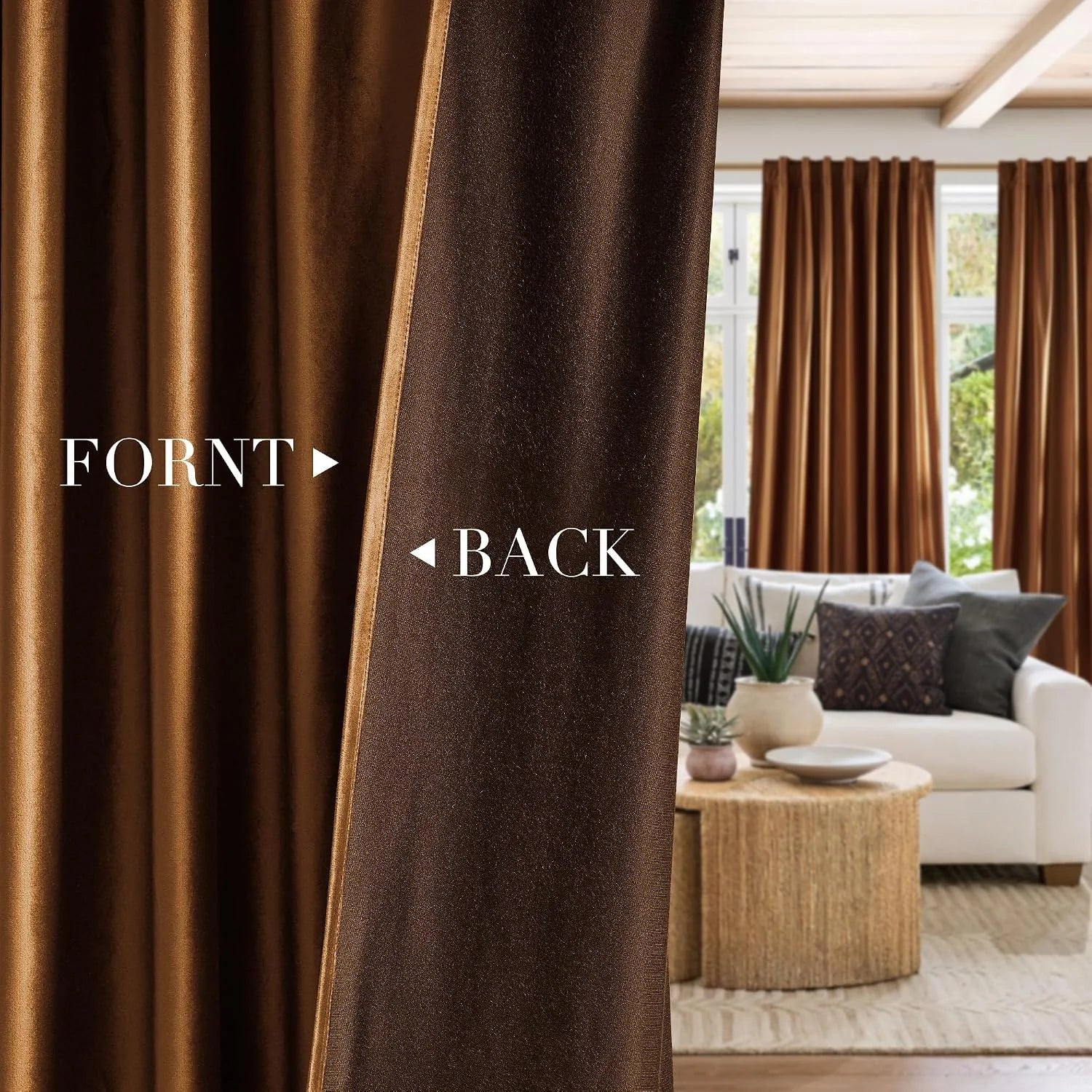 Brown velvet blackout curtains shown front and back in a bright living room