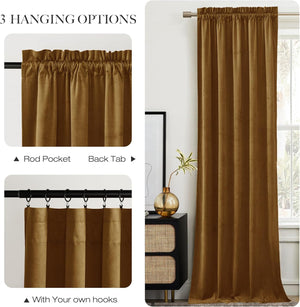 Brown velvet curtain panel showcasing rod pocket, back tab, and hook hanging options.