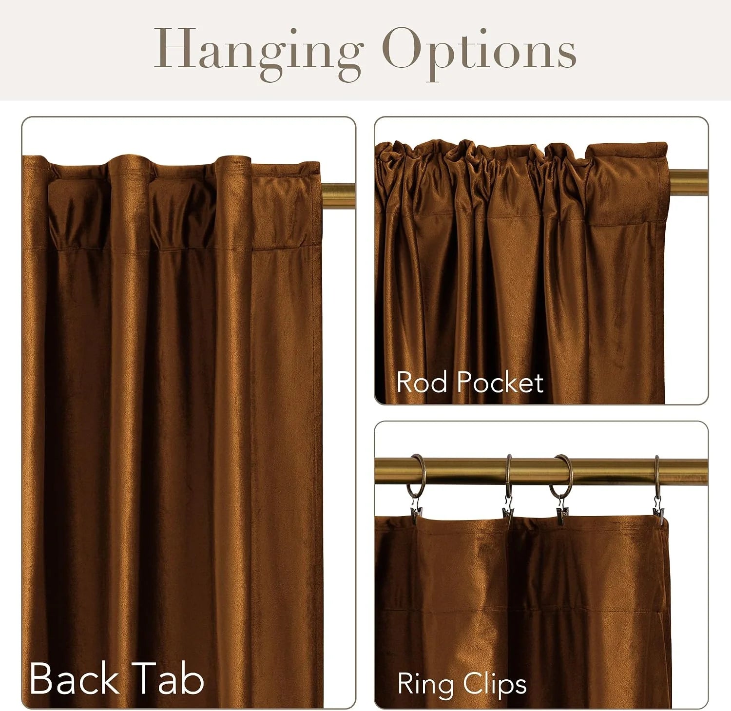 Brown velvet curtain panel showing back tab, rod pocket, and ring clip hanging styles