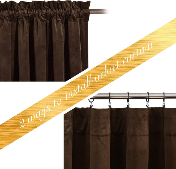 Rich brown velvet window curtains demonstrating two hanging options: gathered rod pocket and clip rings.