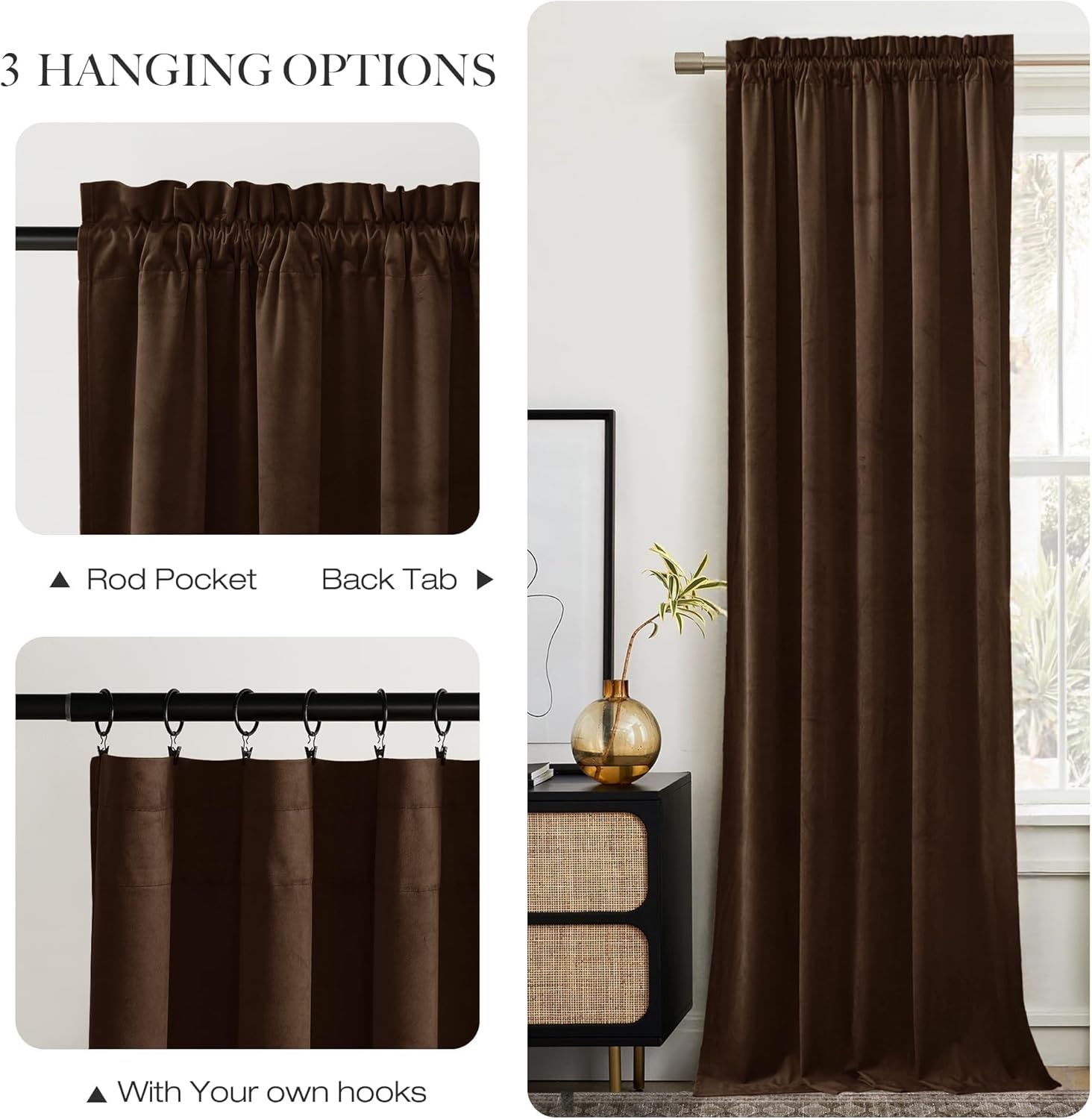 Dark brown velvet window curtain panel, showcasing rod pocket, back tab, and hook hanging options.