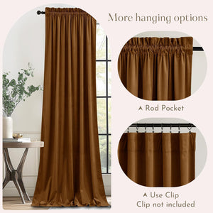 Rich brown velvet rod pocket curtains with versatile hanging options displayed in a living room.