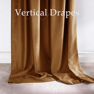 Rich brown velvet vertical drapes with soft, plush folds touching a light gray carpet