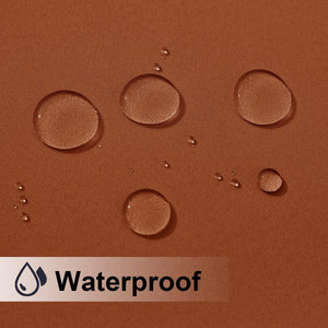 Close-up of brown textured fabric with water droplets beading on its surface, showcasing waterproof quality.