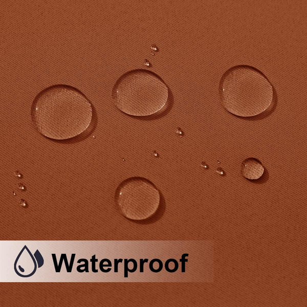 Close-up of brown textured fabric with water droplets beading on its surface, showcasing waterproof quality.