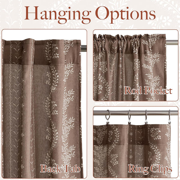 Brown curtain with white floral pattern showcasing back tab, rod pocket, and ring clip hanging styles.