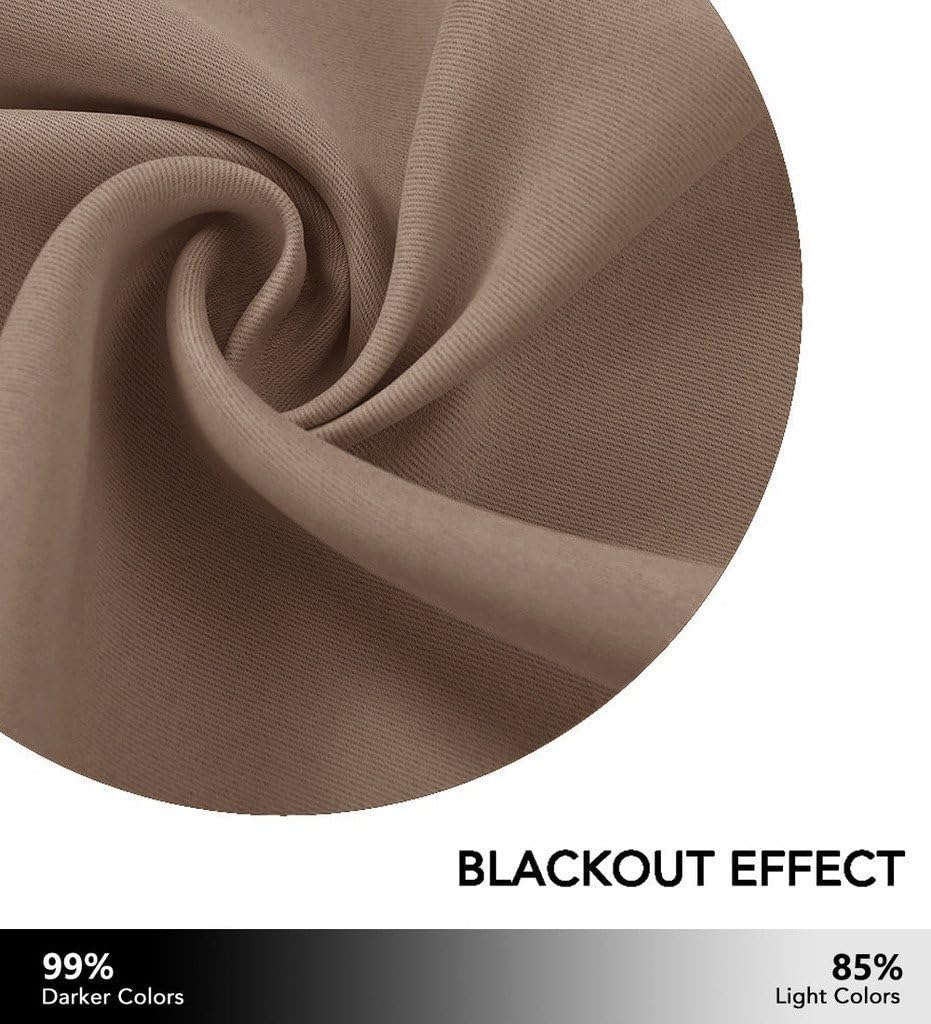 Close-up of a brown, tightly woven blackout curtain fabric, showing its dense texture and light-blocking quality.