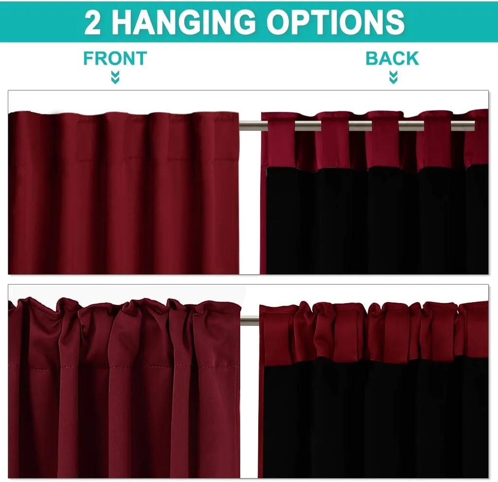 Burgundy and black curtains showing front and back rod pocket hanging options