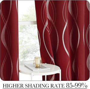 Deep burgundy blackout curtains with modern silver wavy line patterns hung by a window.