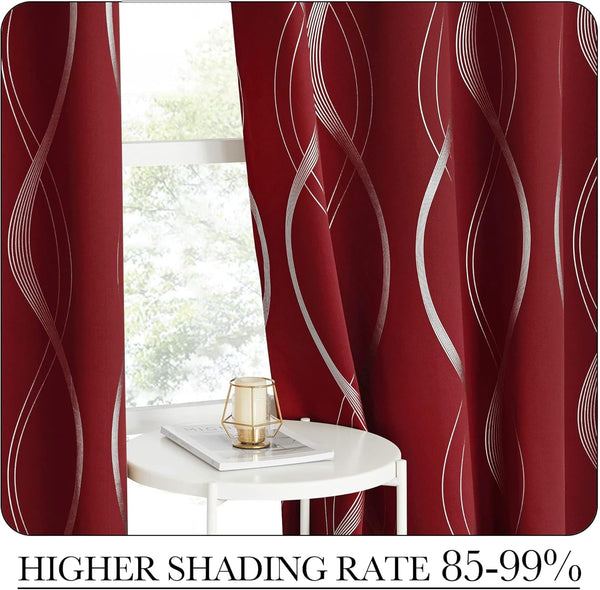 Deep burgundy blackout curtains with modern silver wavy line patterns hung by a window.