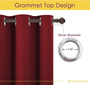 Burgundy blackout curtain panel with silver 1.6-inch grommets hanging on a bronze rod.